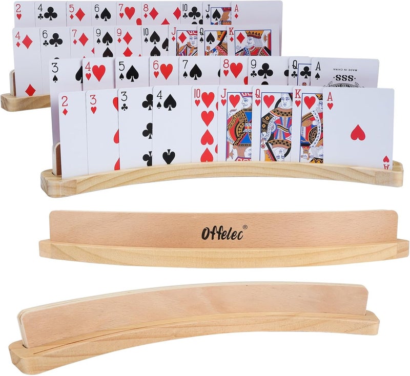 Offelec 4 Pack Wooden Playing Card Holders - 14 Inch 2-Slot Curved Card Holder for Kids Adults, Stackable Card Deck Organizers with Non-Slip Base for Bridge, Strategy Games, Poker & Family Nights - Image 1